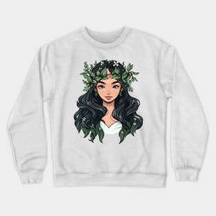 Cartoon Style Portrait - Young Woman with long flowery hair Crewneck Sweatshirt